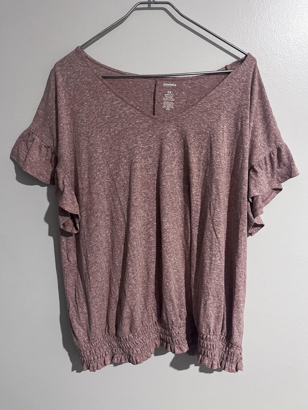 Sonoma T-Shirt Womens 2X Pink Tunic V-Neck Flutter Ruffle Elastic Waist